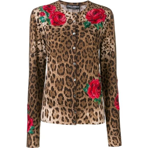 NWT DOLCE & GABBANA Animal Print Leopard Rose Cardigan Brown Red IT 40 S - Picture 1 of 9